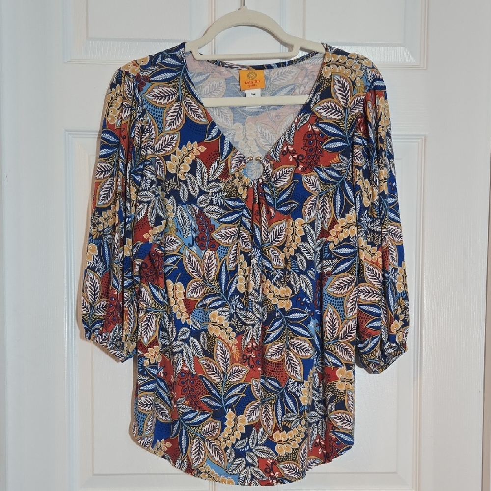 Ruby Rd. Blue Brown Orange Multicolor Leaf Print Blouse Size Med Petite
